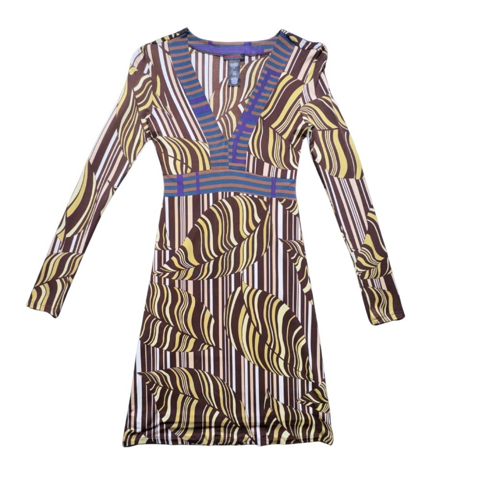 Custo Barcelona Tan Sheath Dress with V-Neck and Long Sleeves